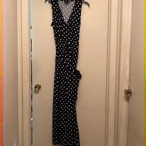 Nina Leonard Navy Polka Dot Tie Waist Jumpsuit